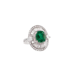 John Najarian Cushion Emerald With Baguette And Round Diamond Ring