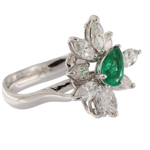 Pear Shape Emerald With Marquise
 and Pear Diamond Cluster Ring