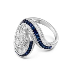 Marquise Diamond Solitaire with Diamonds and Blue Sapphire Baguette Twists
