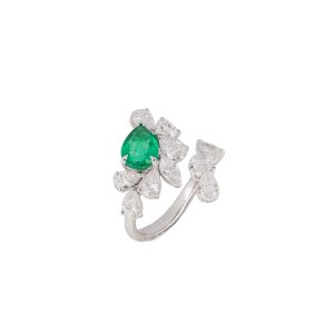 Pear Emerald And Fancy Diamond Open Floral Ring