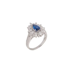 Pear Blue Sapphire And Fancy Diamond Halo Ring