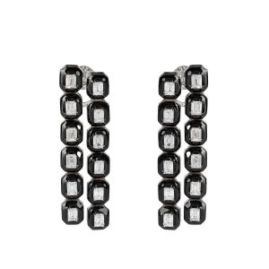 Emerald Cut Diamonds Submerged in Cascading Black Enamel Earrings